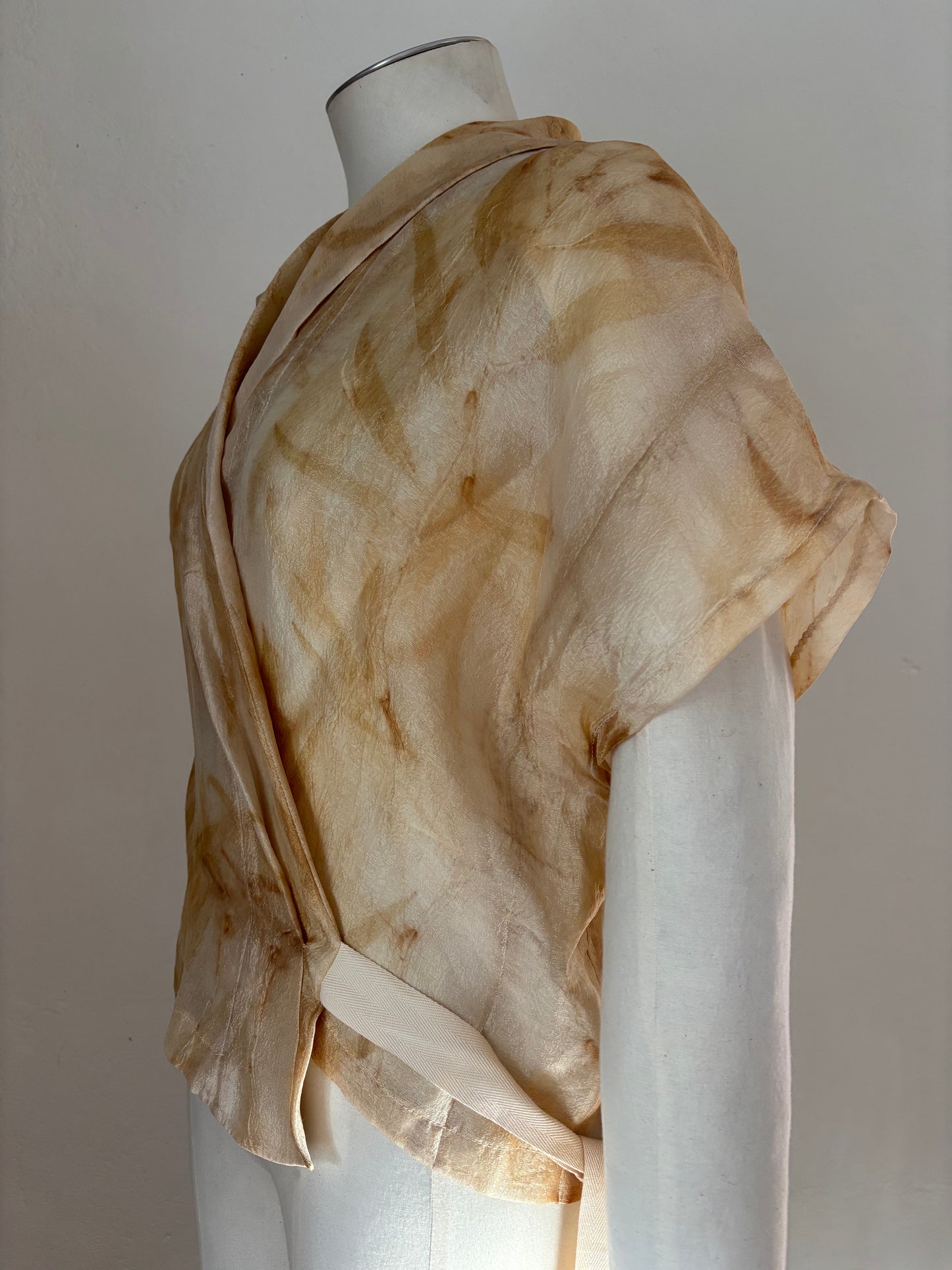 100% silk sheen organza wrap top eco dyed with flax flowers Aotearoa.