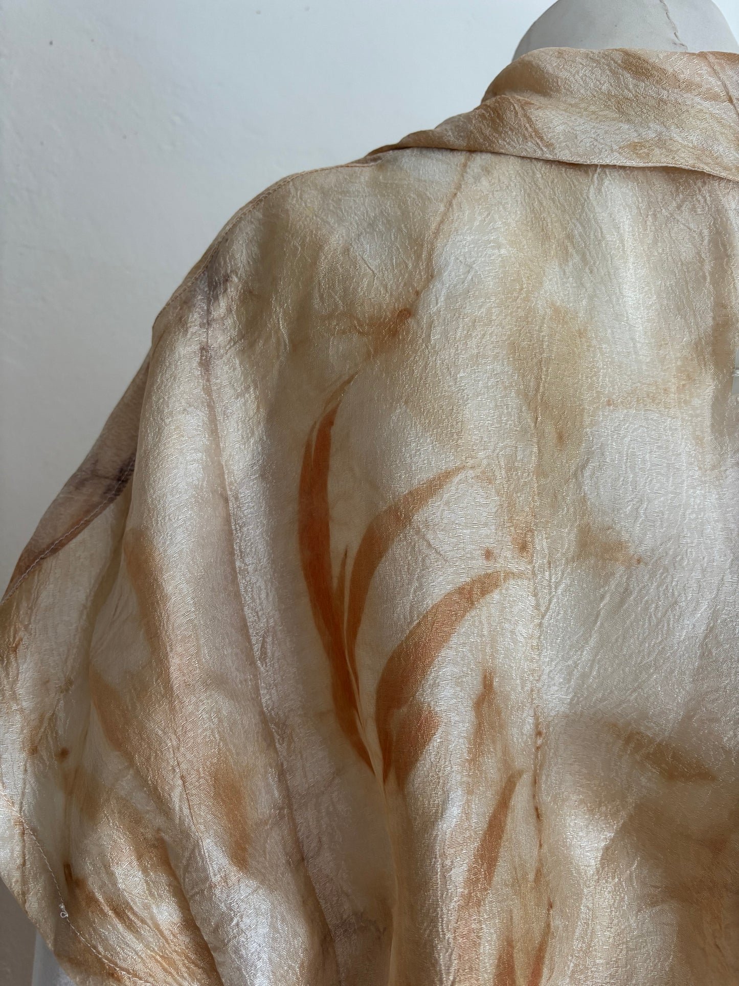 100% silk sheen organza wrap top eco dyed with flax flowers Aotearoa.