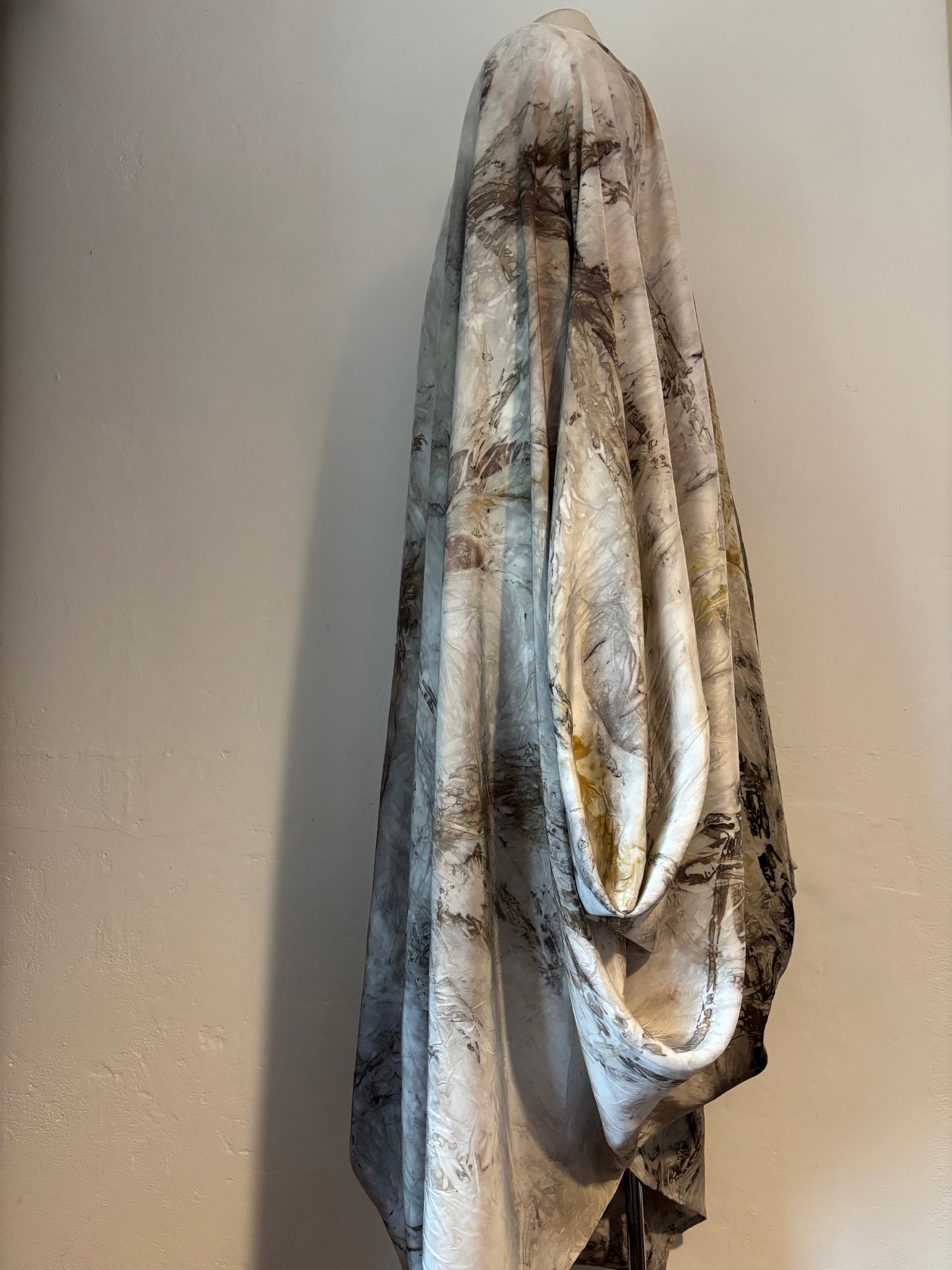 100% silk draped dress. Eco dyed with locally foraged barks and leaves Tamaki Makaurau