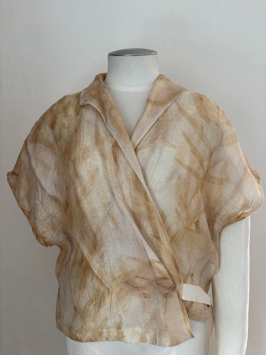 100% silk sheen organza wrap top eco dyed with flax flowers Aotearoa.