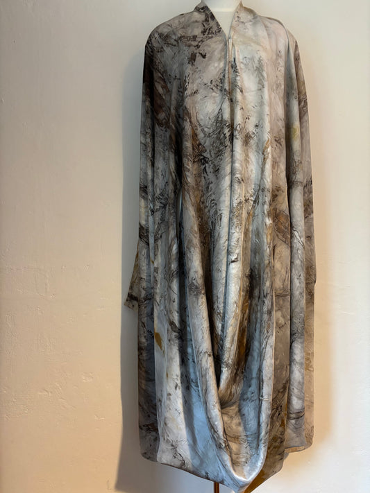 100% silk draped dress. Eco dyed with locally foraged barks and leaves Tamaki Makaurau