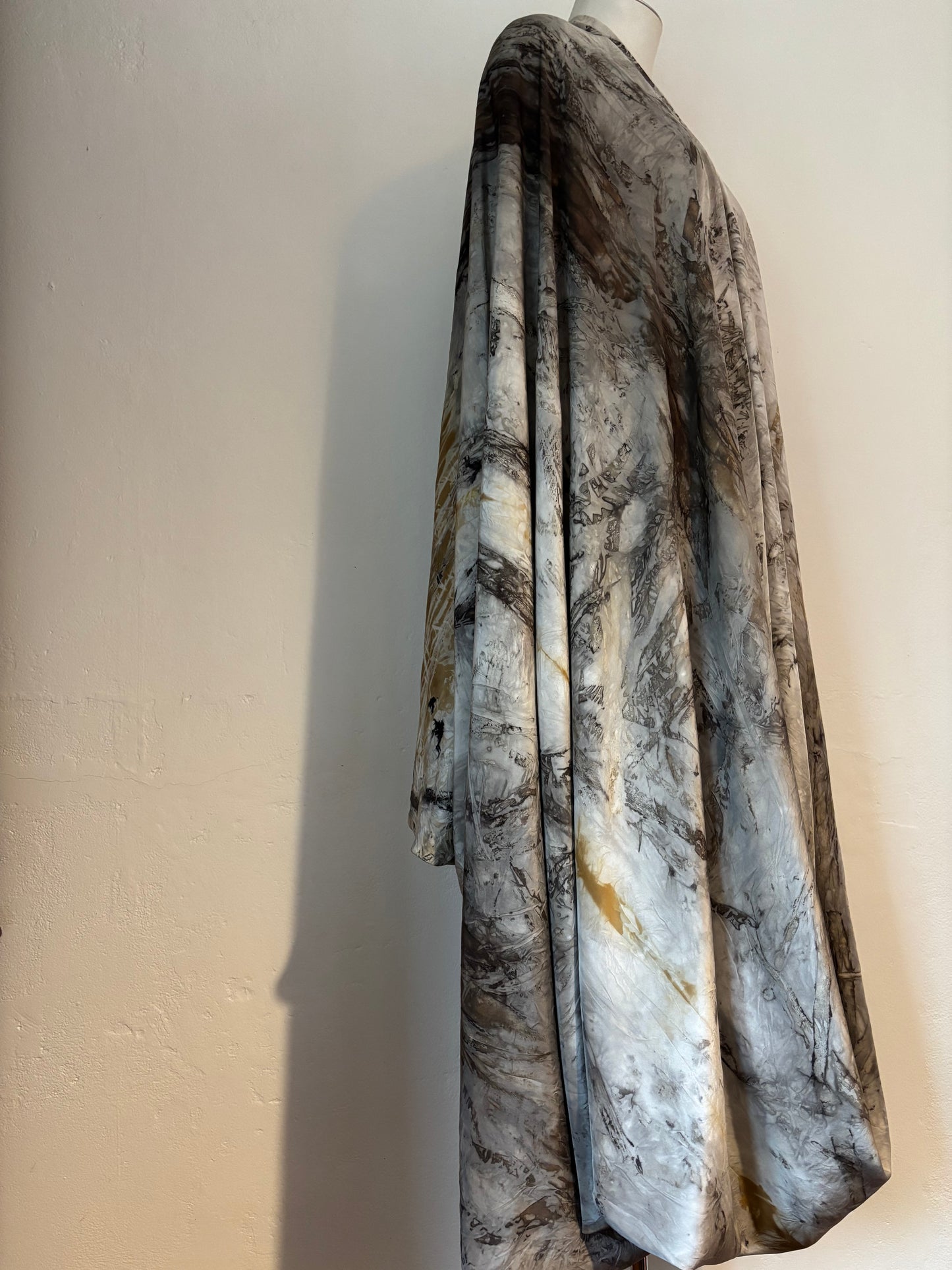 100% silk draped dress. Eco dyed with locally foraged barks and leaves Tamaki Makaurau